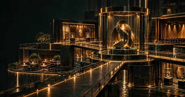 Abstract sculptural centerpiece within an architectural frame connected to exhibition spaces.