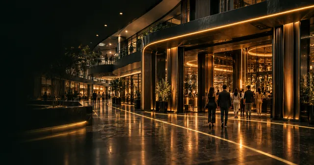 Entertainment venue inside a shopping center connected to pedestrian routes, with visitors approaching its entrance.