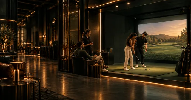 Staff member guiding a visitor in a technology-enabled indoor sports practice area.