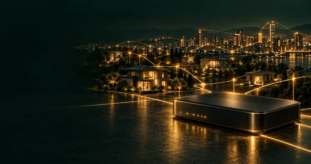 Connectivity router linked to homes and an urban network through illuminated pathways.