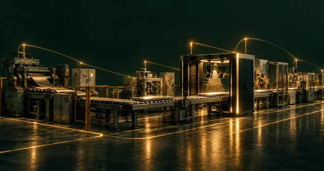 Industrial production line with integrated inspection equipment and illuminated connections between machines.